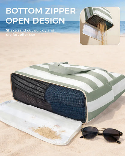 TYIIPLUS™ Large Waterproof Beach Tote Bag with Sandproof Bottom & 40oz Tumbler Pocket