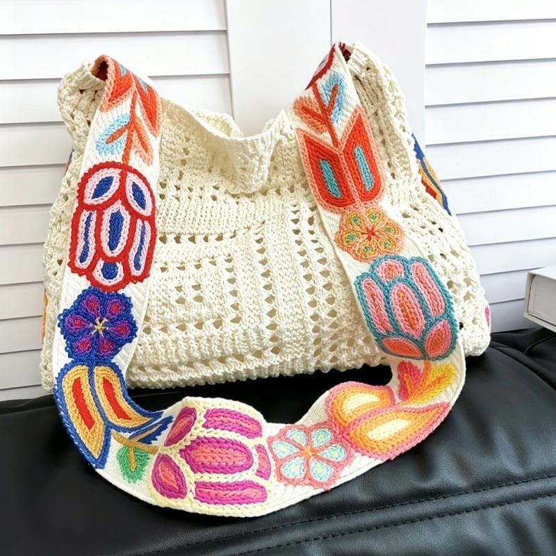 Casual Hollow Knit Tote Bag – Large Capacity Woven Shoulder Bag