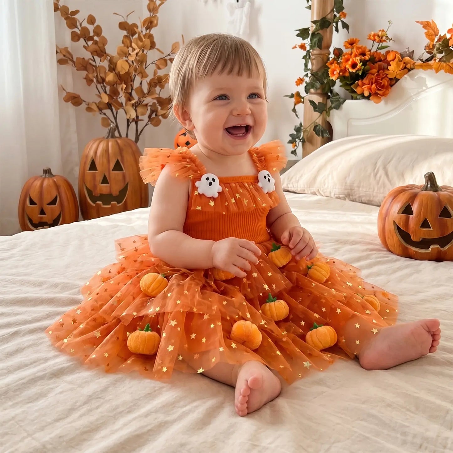 Baby Girls Halloween Pumpkin Ghost Tulle Dress – 3D Stuffed Pumpkin Tiered Princess Dress, Flying Sleeve Toddler Halloween Party Costume (12M–6Y)