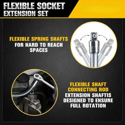 TYIIPLUS™ Flexible Socket Extension Bar Set – Bendable Ratchet Wrench Extensions for Tight Spaces, CR-V Steel Automotive Repair Tool Kit