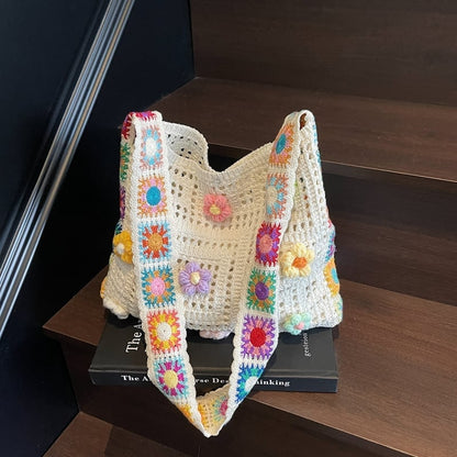 Casual Hollow Knit Tote Bag – Large Capacity Woven Shoulder Bag