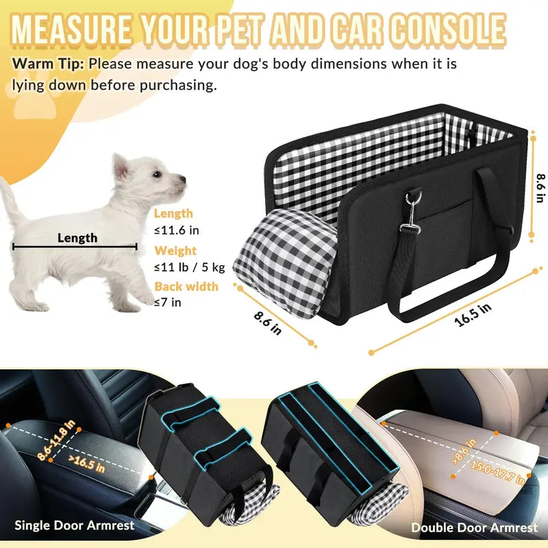 TYIIPLUS™ Center Console Dog Car Seat for Small Dogs & Cats – Portable Pet Booster Seat with Safety Leash, Removable Cushion & Storage Pocket
