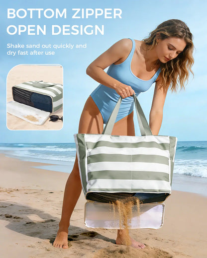 TYIIPLUS™ Large Waterproof Beach Tote Bag with Sandproof Bottom & 40oz Tumbler Pocket