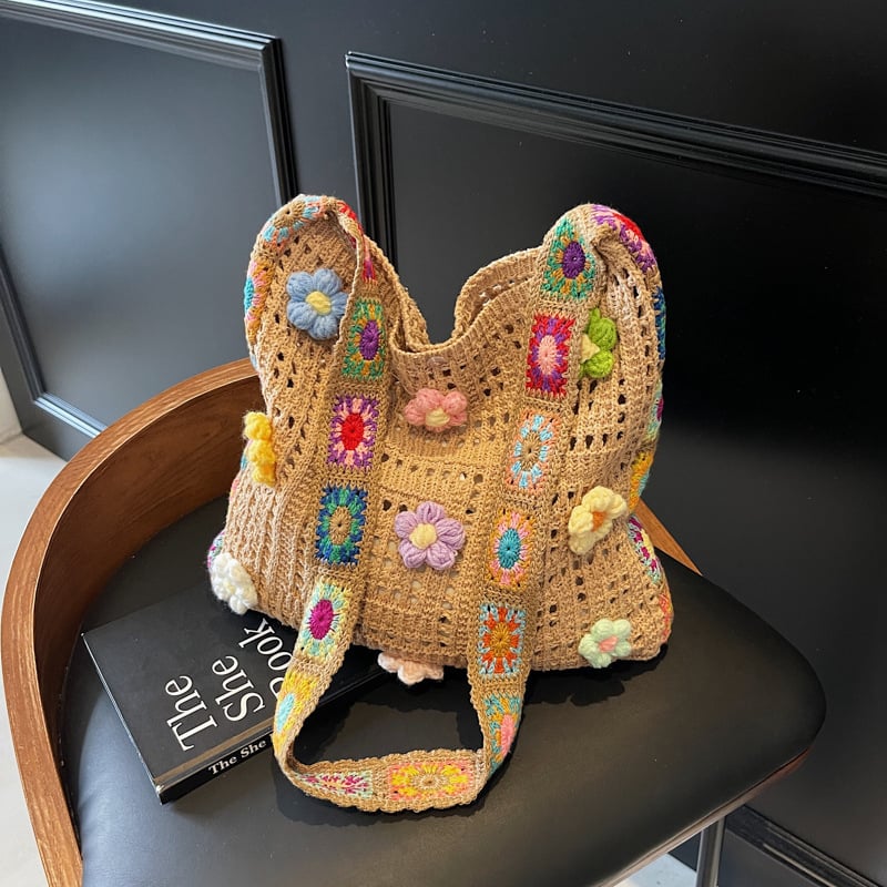 Casual Hollow Knit Tote Bag – Large Capacity Woven Shoulder Bag