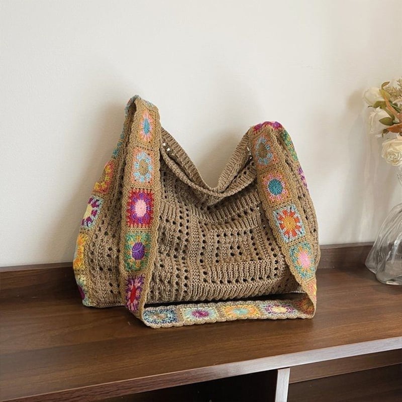 Casual Hollow Knit Tote Bag – Large Capacity Woven Shoulder Bag