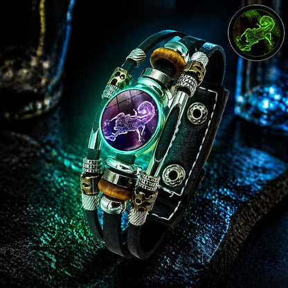 ☪️Glow-in-the-dark leather zodiac sign bracelet for men and women (6.9/8.1 inches)♑️