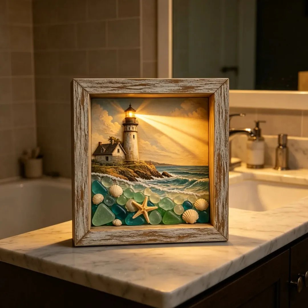 💝Coastal Lighthouse Sea Glass Shadow Box Night Light