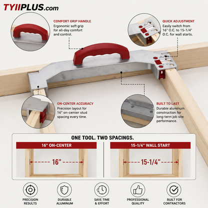 TYIIPLUS™ 16" On-Center Stud Layout Tool | Adjustable Aluminum Framing Jig with Comfort Grip Handle