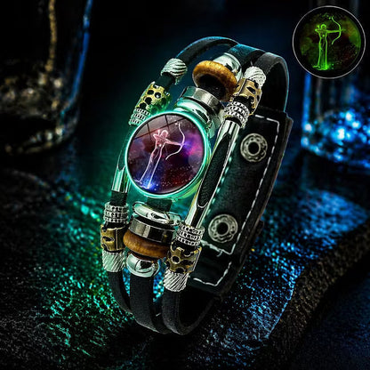 ☪️Glow-in-the-dark leather zodiac sign bracelet for men and women (6.9/8.1 inches)♑️