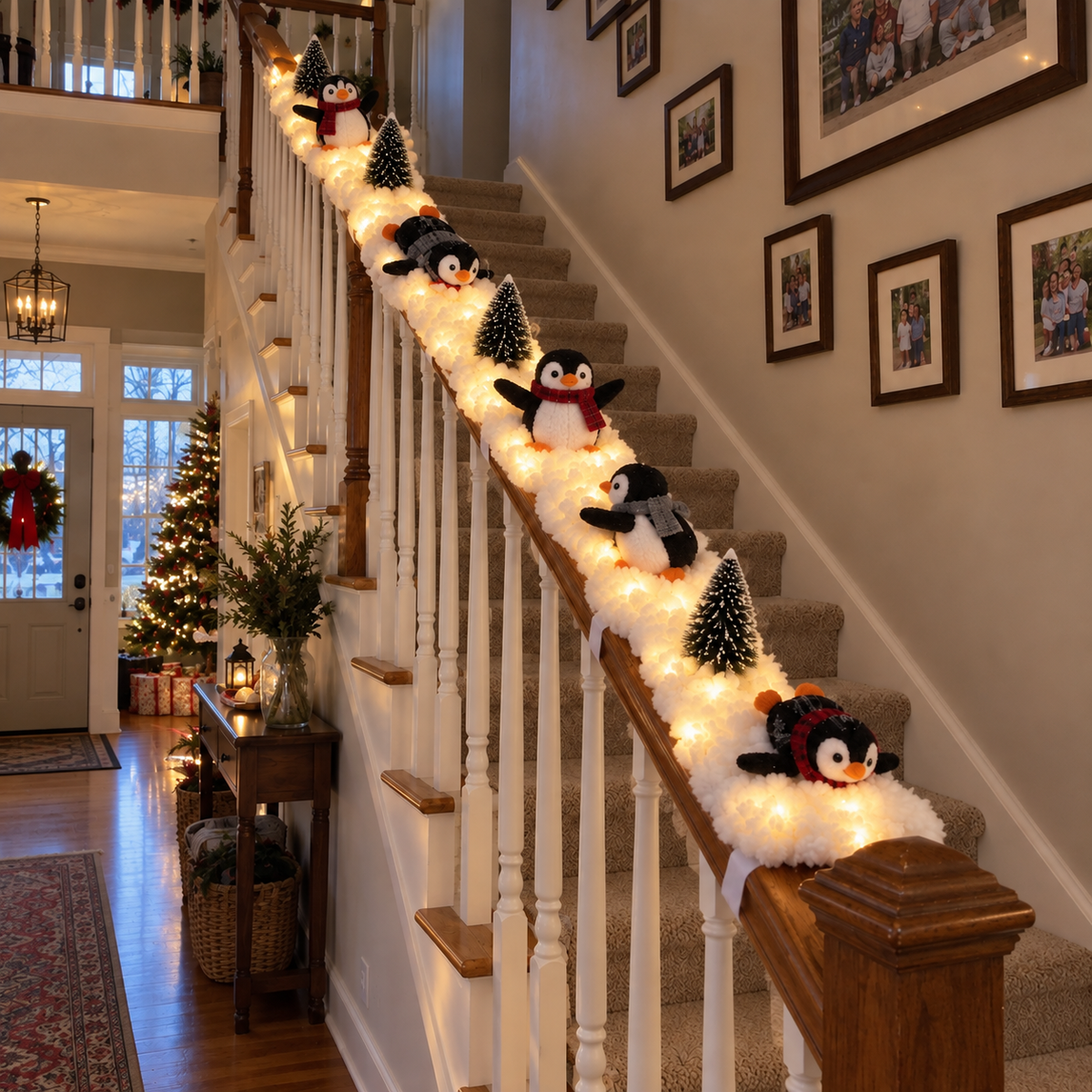 🐧 Playful Penguin Snowy Stair Railing Decor – Christmas Banister Garland with Cute Penguins & Winter Holiday Decorations