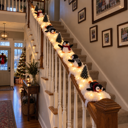 🐧 Playful Penguin Snowy Stair Railing Decor – Christmas Banister Garland with Cute Penguins & Winter Holiday Decorations