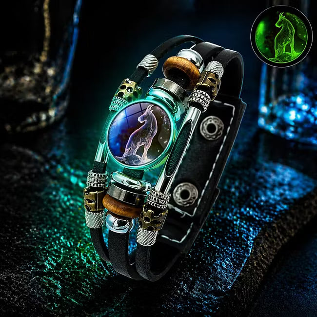 ☪️Glow-in-the-dark leather zodiac sign bracelet for men and women (6.9/8.1 inches)♑️