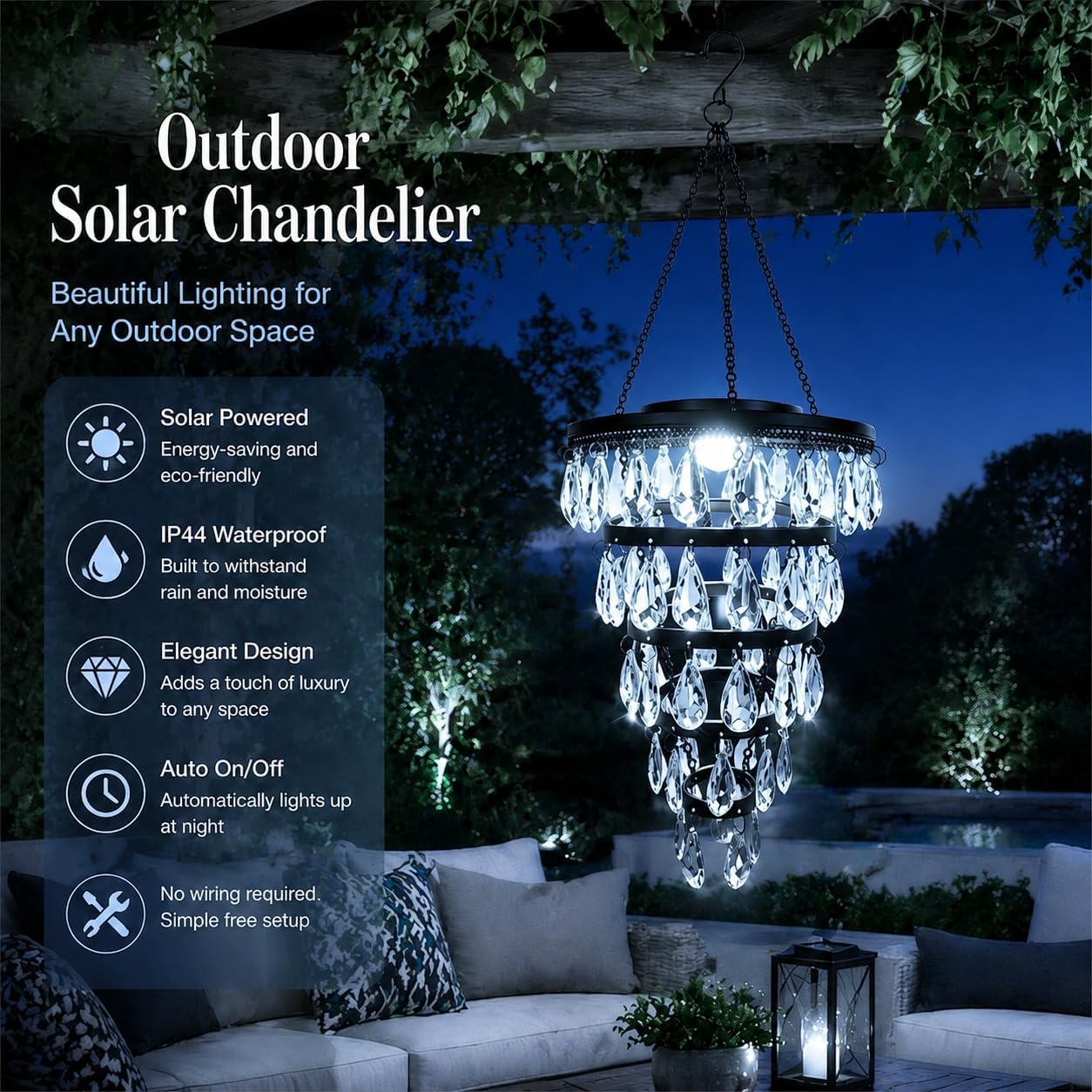 Vintage Solar Acrylic Crystal Chandelier – Outdoor Hanging Solar Light for Garden & Patio
