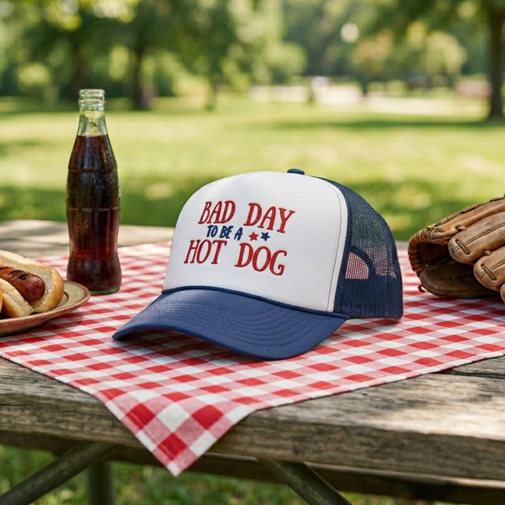 Embroidered Bad Day To Be A Hot Dog Foam Trucker Hat - Funny Patriotic Snapback Cap