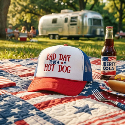 Embroidered Bad Day To Be A Hot Dog Foam Trucker Hat - Funny Patriotic Snapback Cap