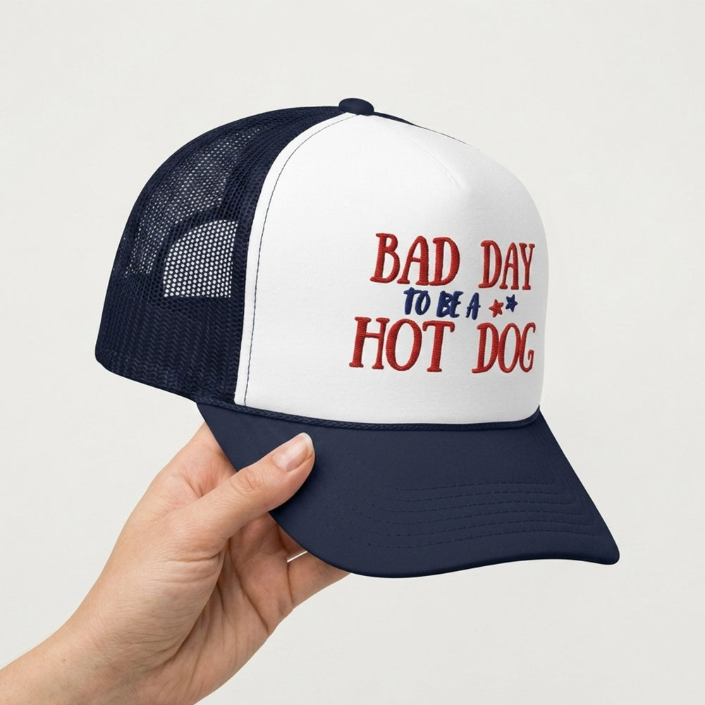 Embroidered Bad Day To Be A Hot Dog Foam Trucker Hat - Funny Patriotic Snapback Cap