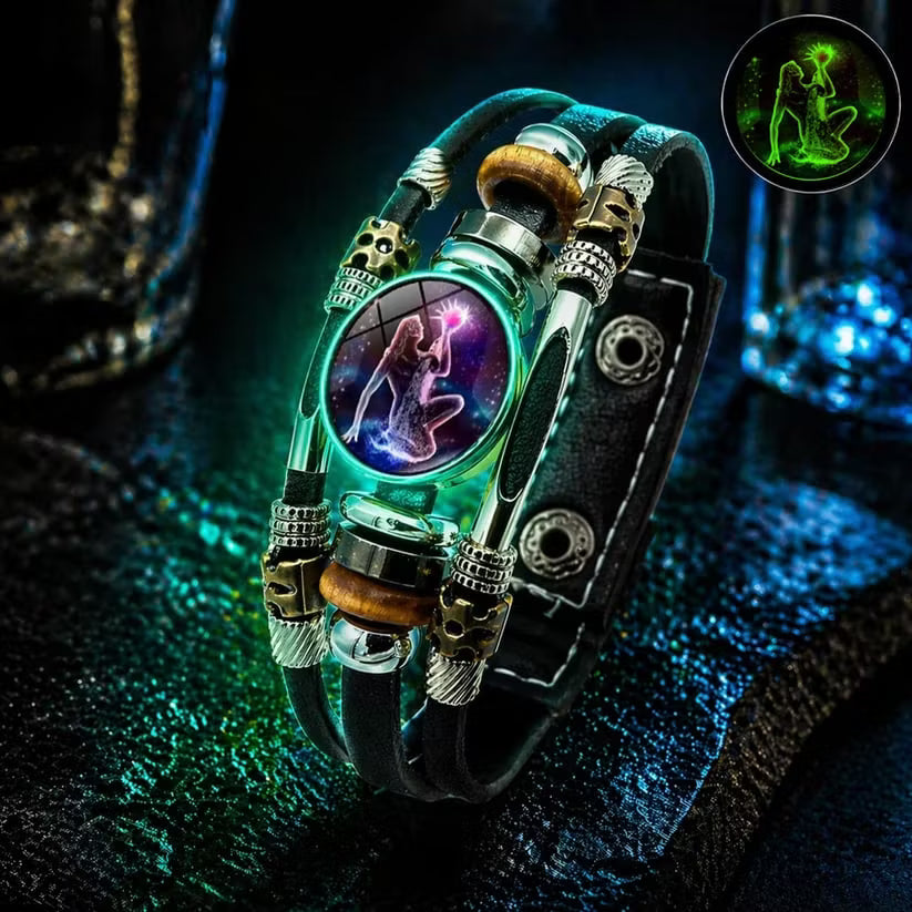 ☪️Glow-in-the-dark leather zodiac sign bracelet for men and women (6.9/8.1 inches)♑️