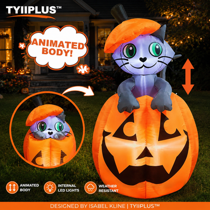 TYIIPLUS™ 5FT Animated Halloween Inflatable Cat in Pumpkin with LED Lights – Waterproof Outdoor Yard Decoration