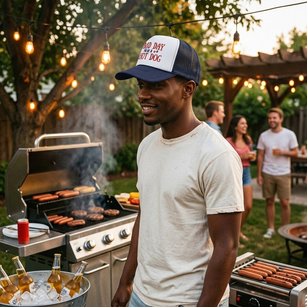 Embroidered Bad Day To Be A Hot Dog Foam Trucker Hat - Funny Patriotic Snapback Cap
