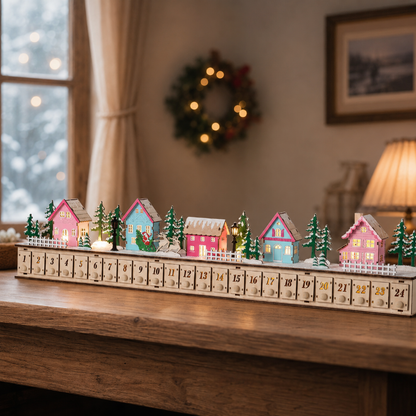 TYIIPLUS™ Home Reflections Christmas Village Advent Calendar – DIY Wooden Countdown Decoration with LED Lights, Music & 24 Gift Drawers