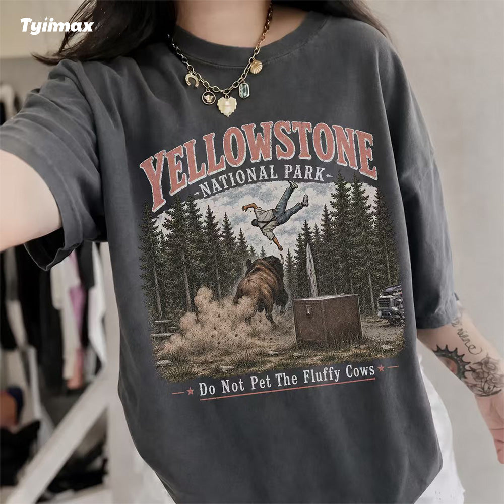 Do Not Pet The Fluffy Cows Graphic T-Shirt | Funny Yellowstone Inspired Bison Tee for Outdoor Lovers