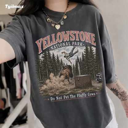 Do Not Pet The Fluffy Cows Graphic T-Shirt | Funny Yellowstone Inspired Bison Tee for Outdoor Lovers