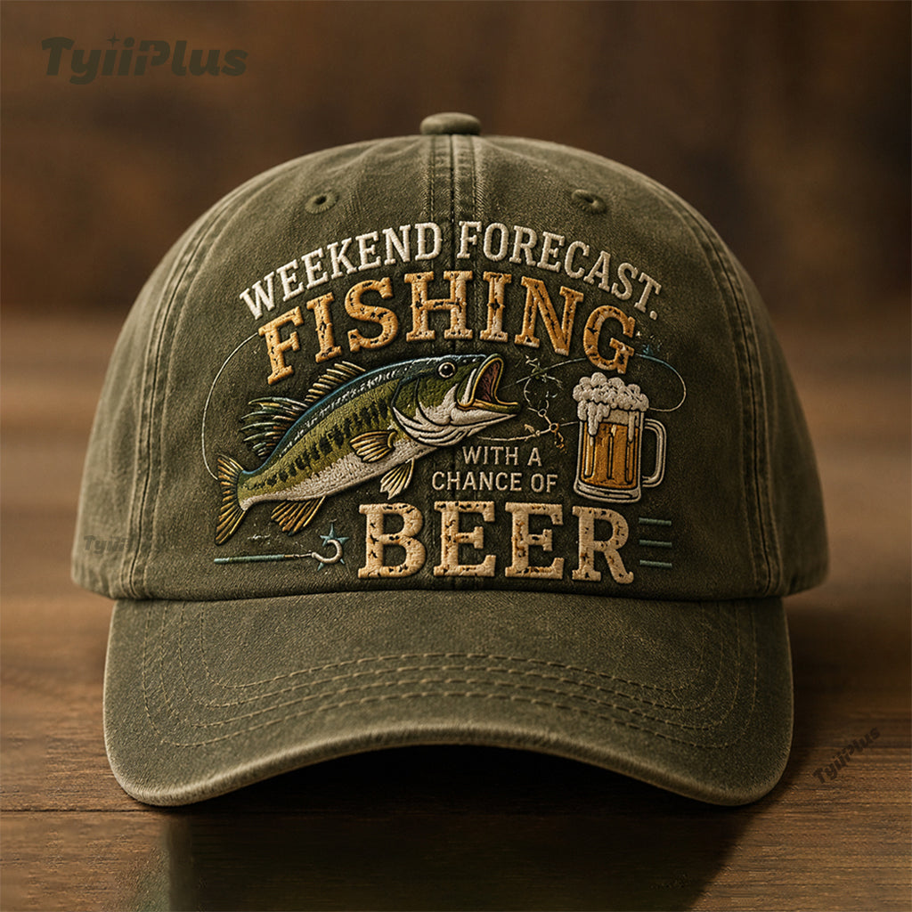 Weekend Forecast: Fishing With A Chance Of Beer Vintage Dad Cap – Funny Fishing Hat for Men