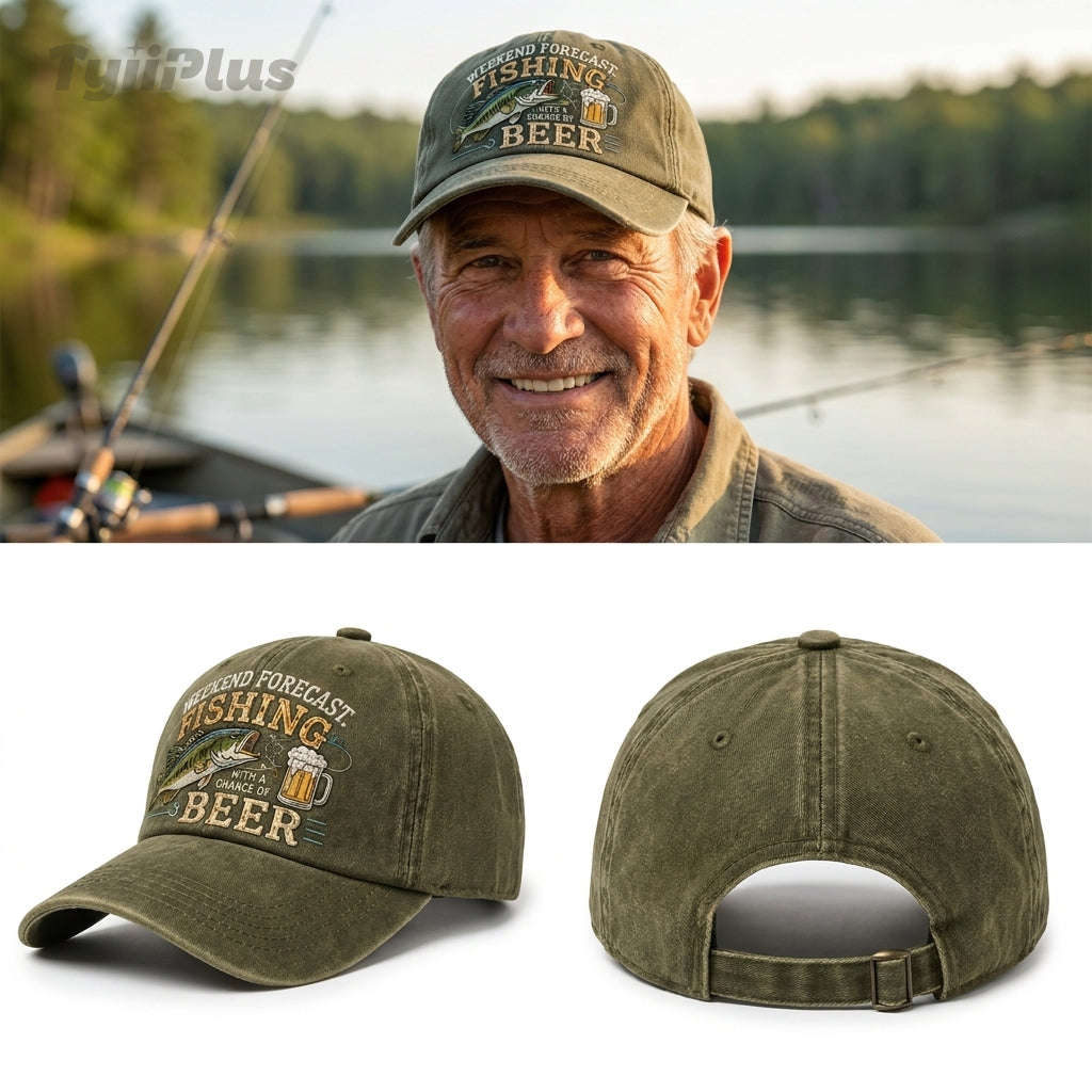 Weekend Forecast: Fishing With A Chance Of Beer Vintage Dad Cap – Funny Fishing Hat for Men