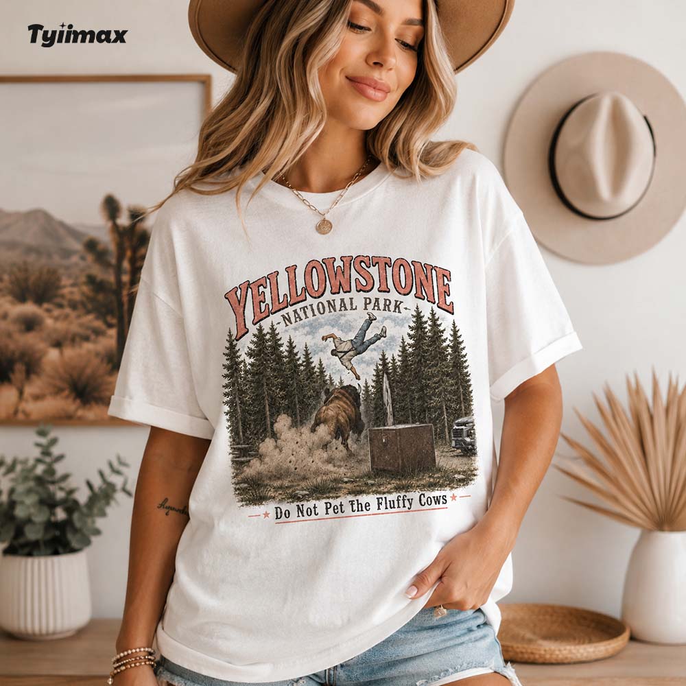 Do Not Pet The Fluffy Cows Graphic T-Shirt | Funny Yellowstone Inspired Bison Tee for Outdoor Lovers