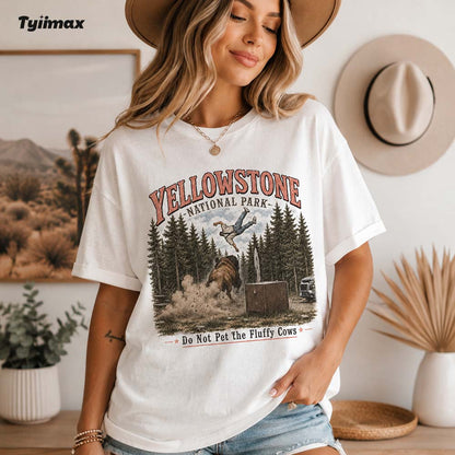 Do Not Pet The Fluffy Cows Graphic T-Shirt | Funny Yellowstone Inspired Bison Tee for Outdoor Lovers