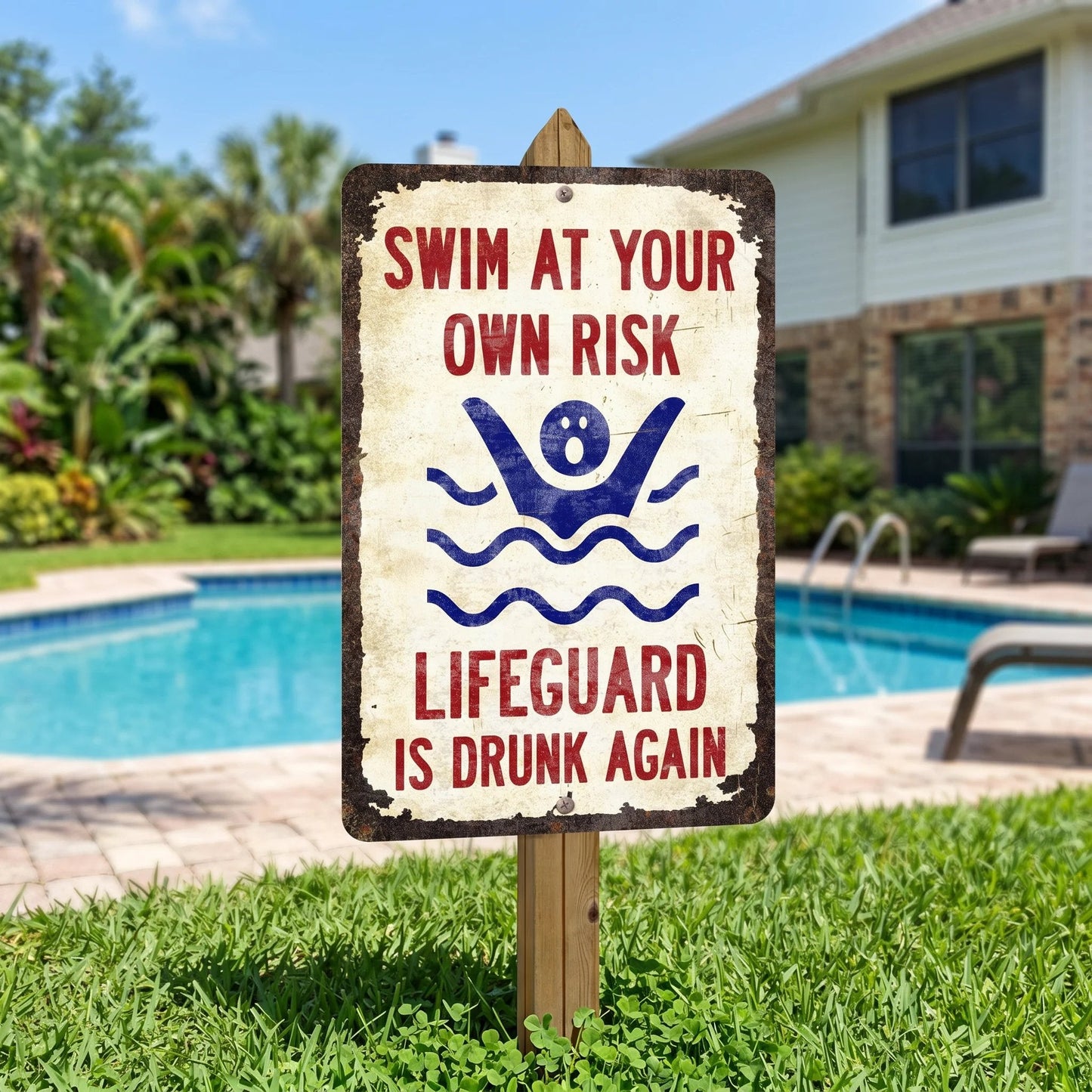 Vintage "Lifeguard Is Drunk Again" Pool Sign – Funny Metal Pool Wall Decor 😂🍻