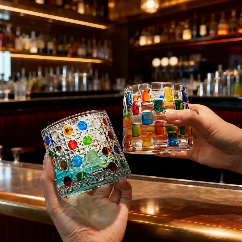 🌈Hand-Painted Embossed Rotating Whiskey Glass (✨Including a Rotating Base)
