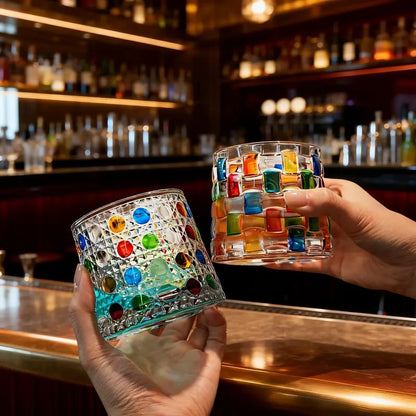 🌈Hand-Painted Embossed Rotating Whiskey Glass (✨Including a Rotating Base)