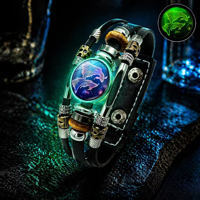 ☪️Glow-in-the-dark leather zodiac sign bracelet for men and women (6.9/8.1 inches)♑️