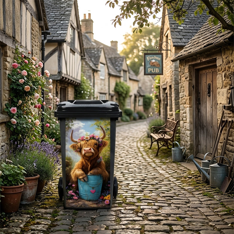🐮 Highland Cow Floral Print Trash Can Sticker