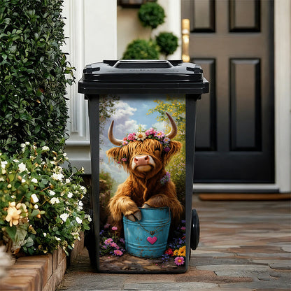 🐮 Highland Cow Floral Trash Can Sticker