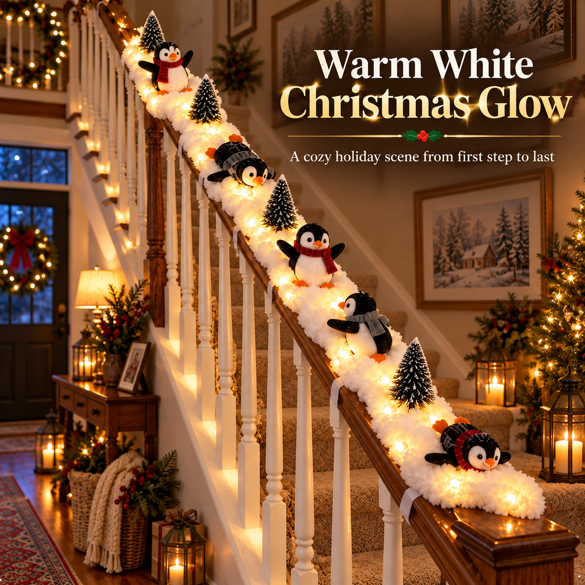 🐧 Playful Penguin Snowy Stair Railing Decor – Christmas Banister Garland with Cute Penguins & Winter Holiday Decorations