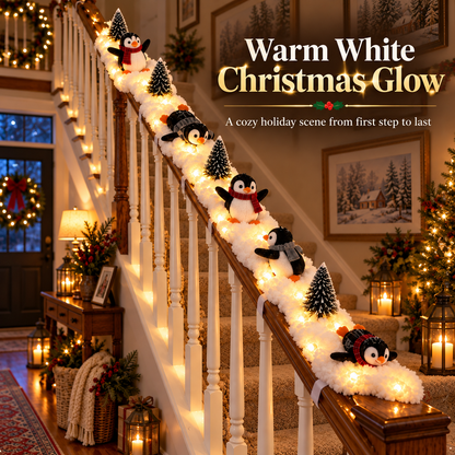 🐧 Playful Penguin Snowy Stair Railing Decor – Christmas Banister Garland with Cute Penguins & Winter Holiday Decorations