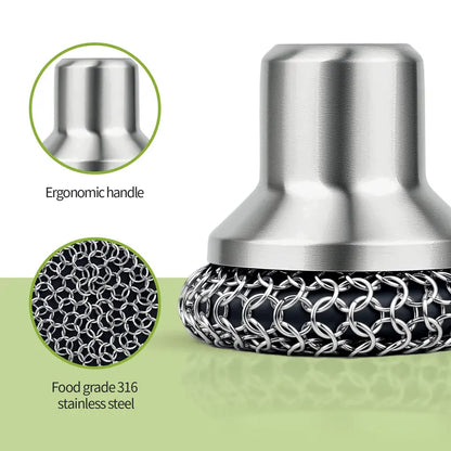 Ultimate Cast Iron Chainmail Scrubber Set with Ergonomic Handle & 2 Pan Scrapers