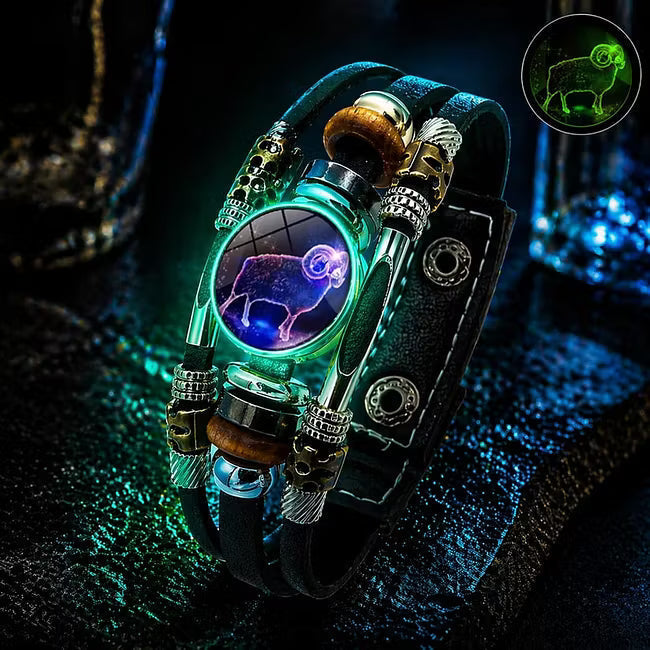 ☪️Glow-in-the-dark leather zodiac sign bracelet for men and women (6.9/8.1 inches)♑️
