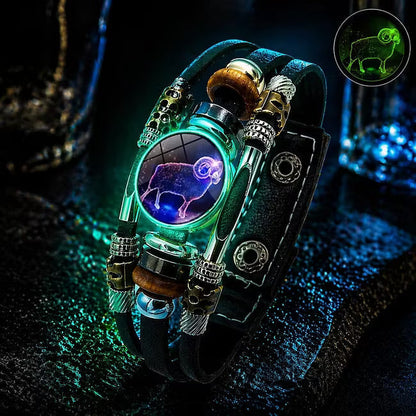 ☪️Glow-in-the-dark leather zodiac sign bracelet for men and women (6.9/8.1 inches)♑️