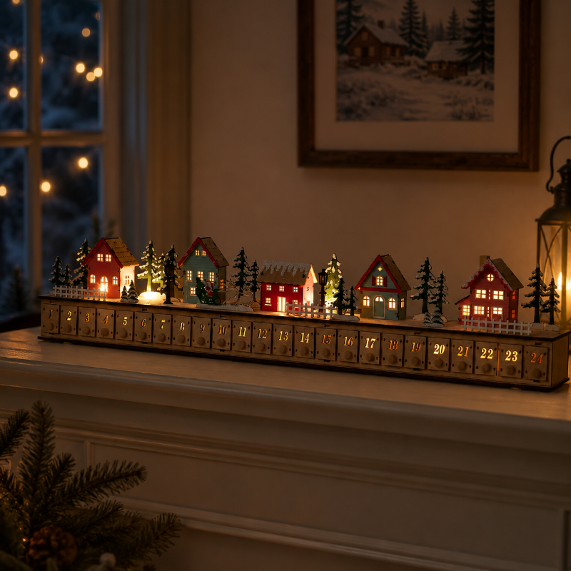 TYIIPLUS™ Home Reflections Christmas Village Advent Calendar – DIY Wooden Countdown Decoration with LED Lights, Music & 24 Gift Drawers