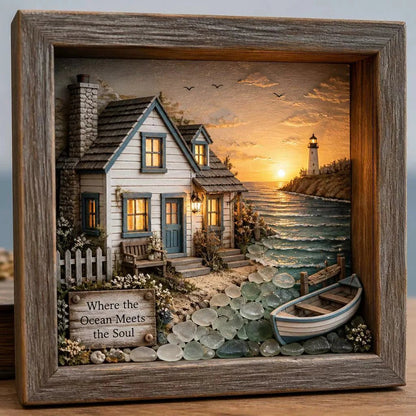 💝Coastal Lighthouse Sea Glass Shadow Box Night Light