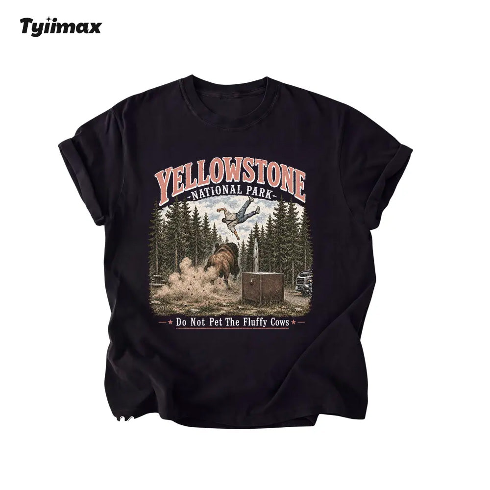 Do Not Pet The Fluffy Cows Graphic T-Shirt | Funny Yellowstone Inspired Bison Tee for Outdoor Lovers