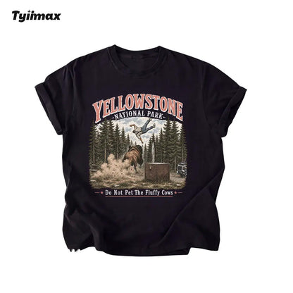 Do Not Pet The Fluffy Cows Graphic T-Shirt | Funny Yellowstone Inspired Bison Tee for Outdoor Lovers