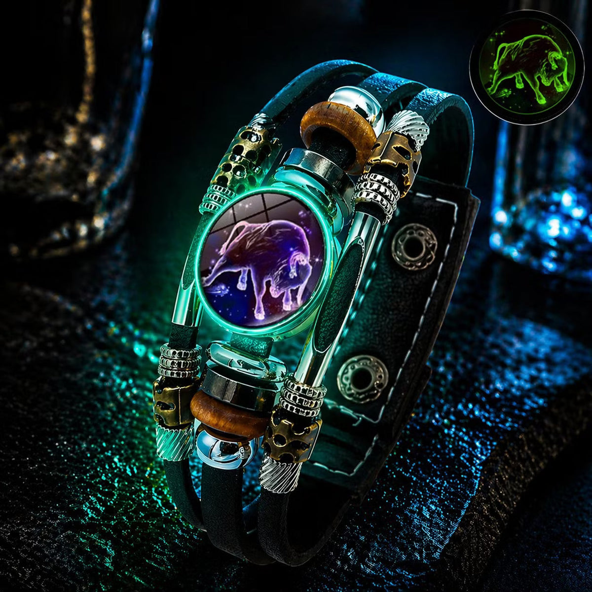 ☪️Glow-in-the-dark leather zodiac sign bracelet for men and women (6.9/8.1 inches)♑️