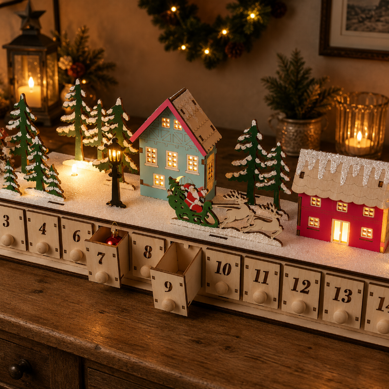 TYIIPLUS™ Home Reflections Christmas Village Advent Calendar – DIY Wooden Countdown Decoration with LED Lights, Music & 24 Gift Drawers
