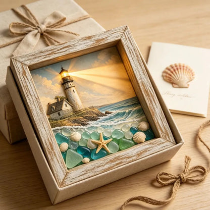 💝Coastal Lighthouse Sea Glass Shadow Box Night Light