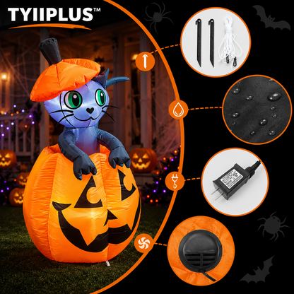 TYIIPLUS™ 5FT Animated Halloween Inflatable Cat in Pumpkin with LED Lights – Waterproof Outdoor Yard Decoration