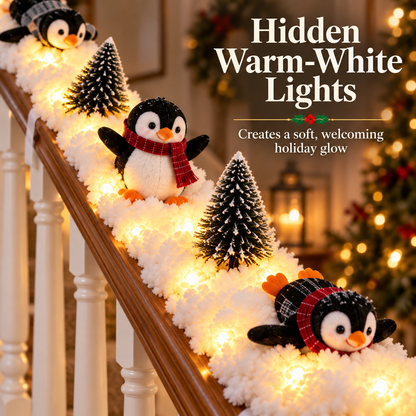 🐧 Playful Penguin Snowy Stair Railing Decor – Christmas Banister Garland with Cute Penguins & Winter Holiday Decorations